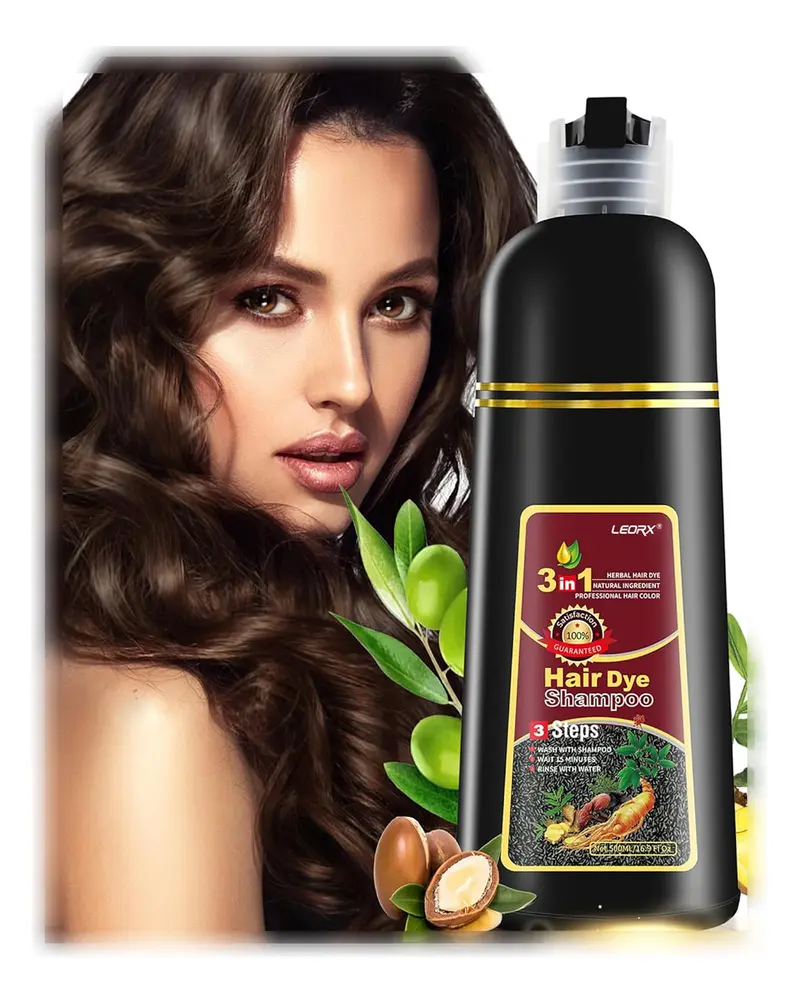 Leorx Shampoo Colorant Instantané 3 en 1 pour Cheveux Gris – Brun Foncé Sans Ammoniaque – 500 ml