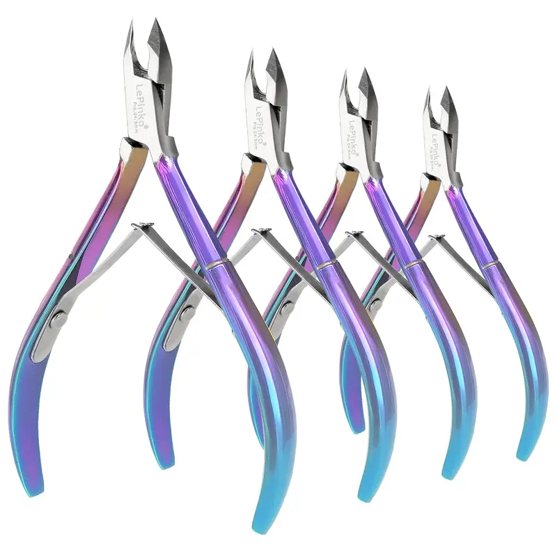 LePinko – Lot de 4 coupe-cuticules améliorés, lame 5 mm, ressort double, couleur arc‑en‑ciel