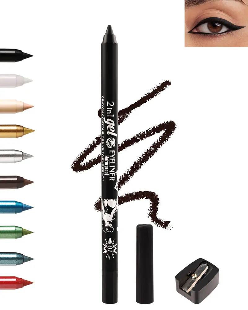 Lestpola Crayon Eyeliner Gel Noir – Étanche, Longue Tenue, Texture Crème Lisse, 10 Teintes, Taille-Crayon Inclus