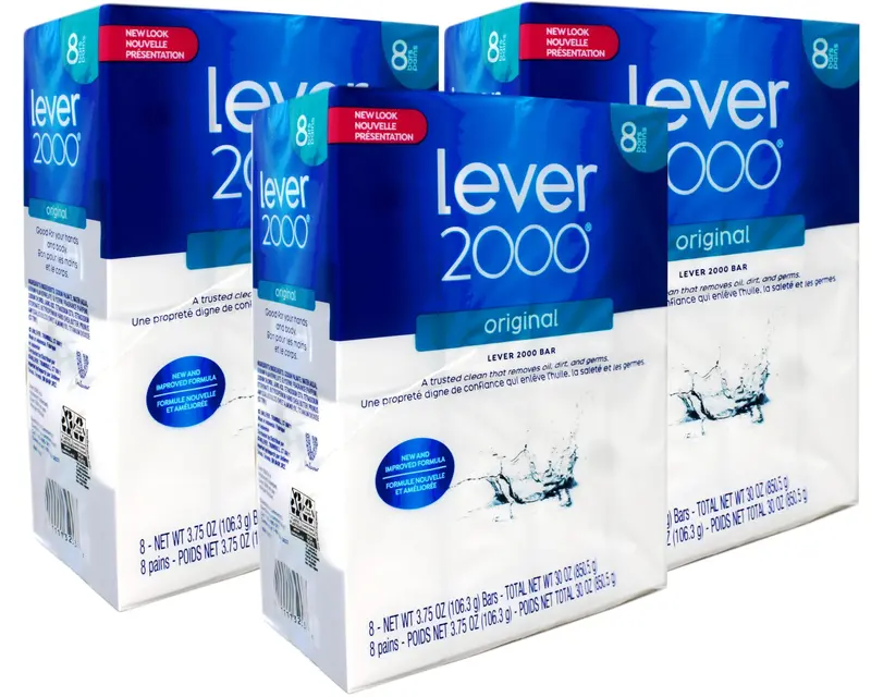 Lever 2000 Savon en Barre Original – Nouvelle Formule, Nettoyage Fiable pour Mains et Corps, Pack de 3 (8 barres de 3,75 oz)