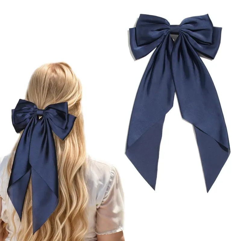 LFOUVRE – Barrettes satin bleu marine avec nœud et ruban long pour filles et femmes