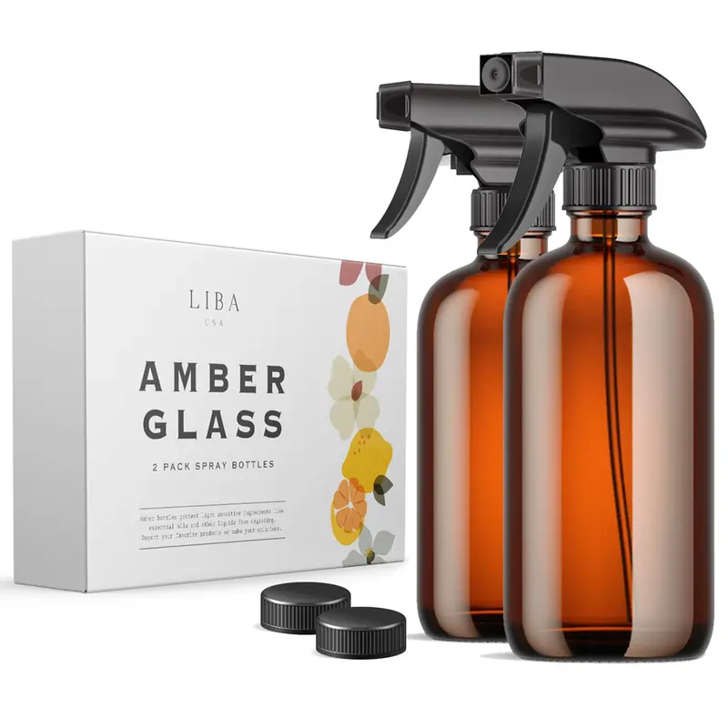 LiBa Flacons pulvérisateur en verre ambré – Pack de 2, 16 oz, buse réglable