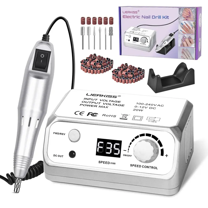 LIERKISS Perceuse à ongles professionnelle 35000RPM – outil électrique avec 100 bandes et mèches pour acrylique, gel, manucure et pédicure
