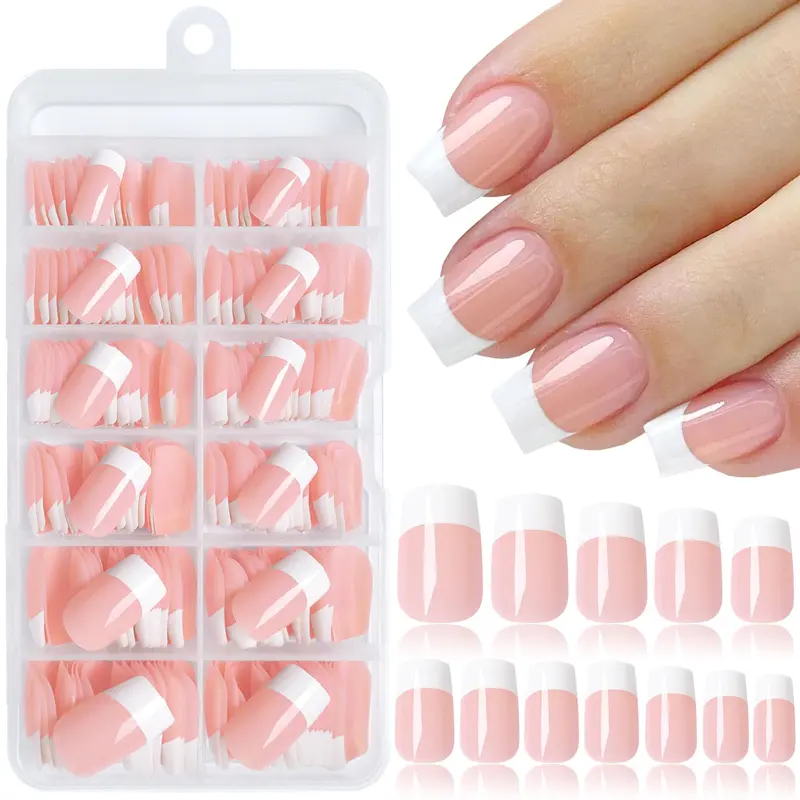 Lifextol 240 pièces – Ongles à poser, Pointe française blanche, Courte et Carrée, avec adhésifs