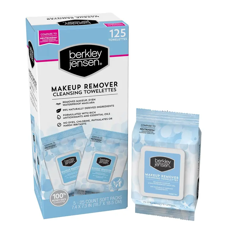 Lingettes Démaquillantes Berkley Jensen — 125 lingettes, pack 5x25, sans alcool ni colorants, hypoallergéniques