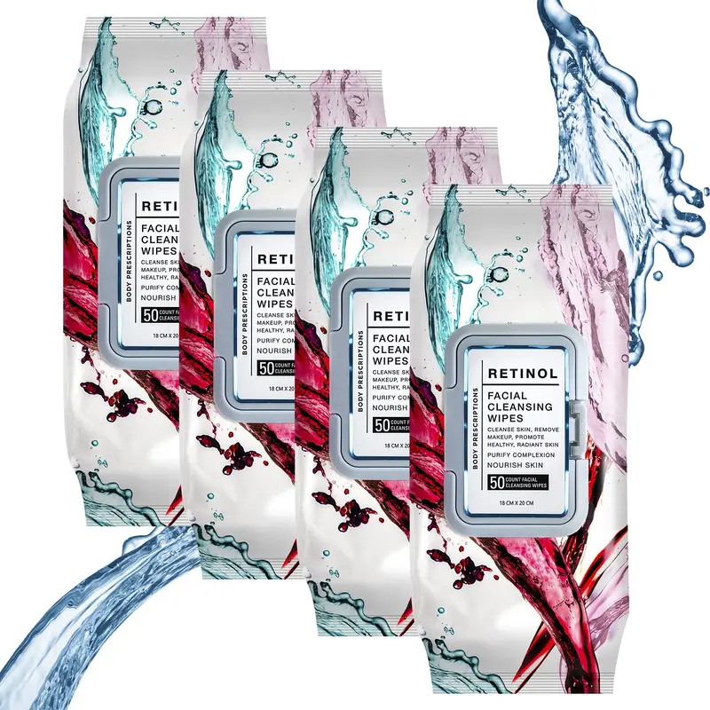 Lingettes Démaquillantes Body Prescriptions – Douces et Efficaces pour le Visage et les Yeux, Lot de 4 × 50 lingettes, Rétinol
