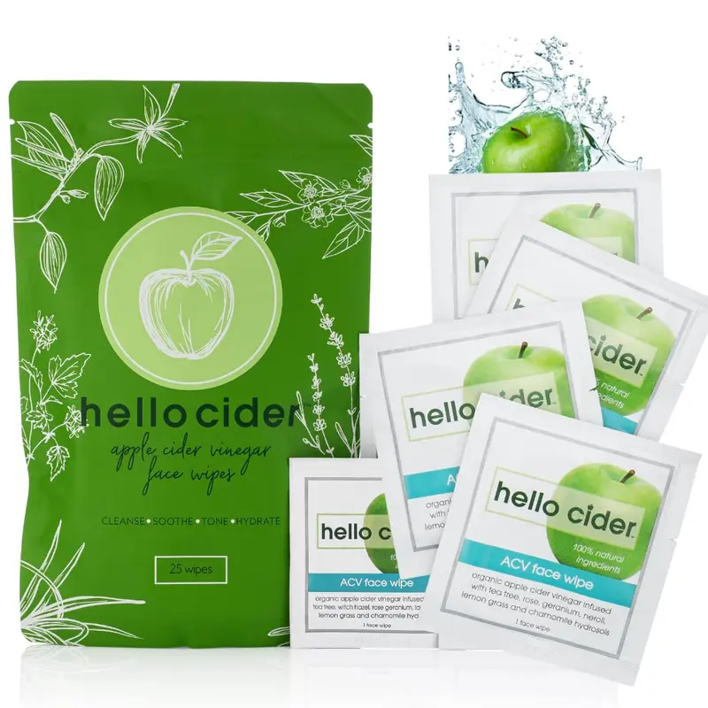 Lingettes Visage Vinaigre de Cidre Bio Hello Cider — Arbre à Thé, Rose, Camomille, Hamamélis — Sans Huile | 25 Lingettes | Fabriqué aux États-Unis