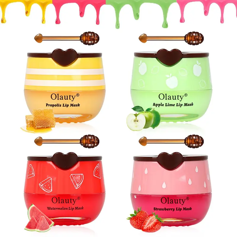 Lingyun 4Pcs Masque Lèvres au Miel en Pot – Fraise, Pastèque, Pomme Lime – Cadeaux Saint-Valentin