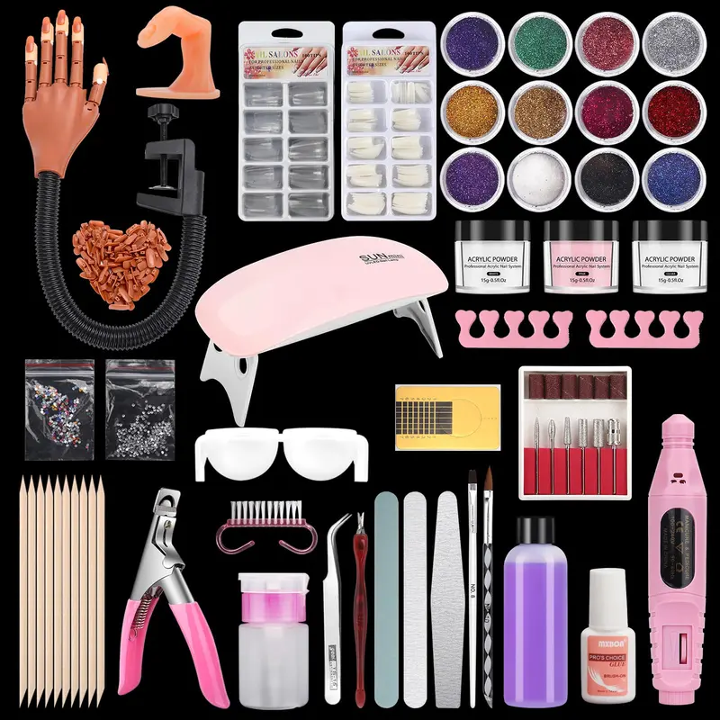LIONVISION Main de Pratique Ongles Acryliques – Kit Débutant Complet avec Drill Électrique, Lampe et 12 Poudres
