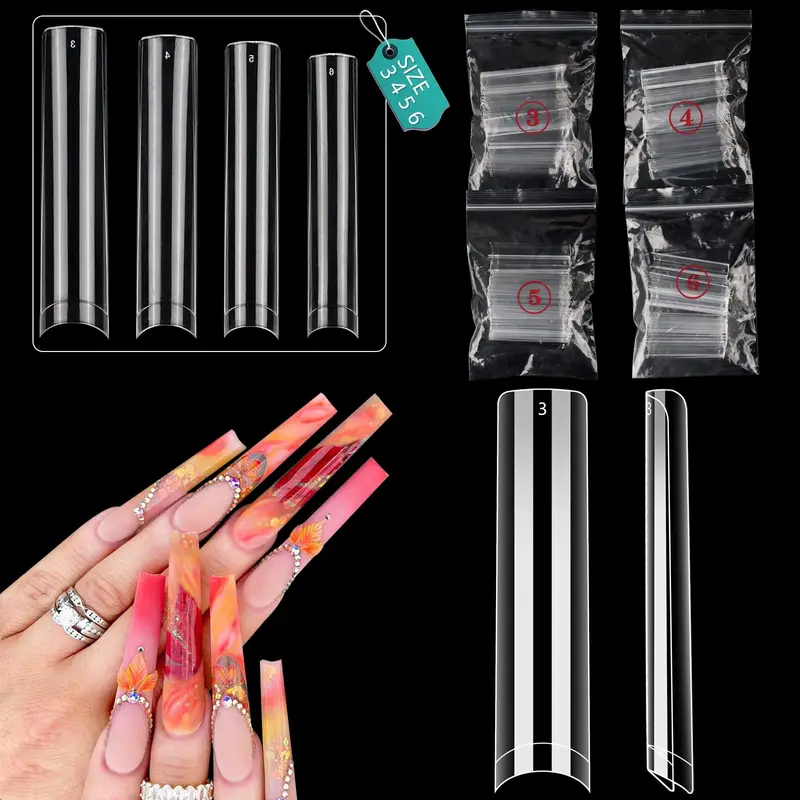 LIONVISON – 200PCS Tips d’Ongles Clairs Sans Courbe C, 3XL Longs Carrés Plats, Extensions d’Ongles pour Salon & DIY