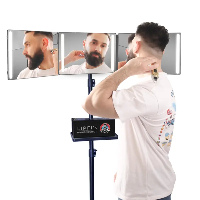 Lipfisbarbershop.com Miroir 360° avec Trépied – Trois Voies, Verre Cristal, LED, USB-C et Batterie Rechargeable