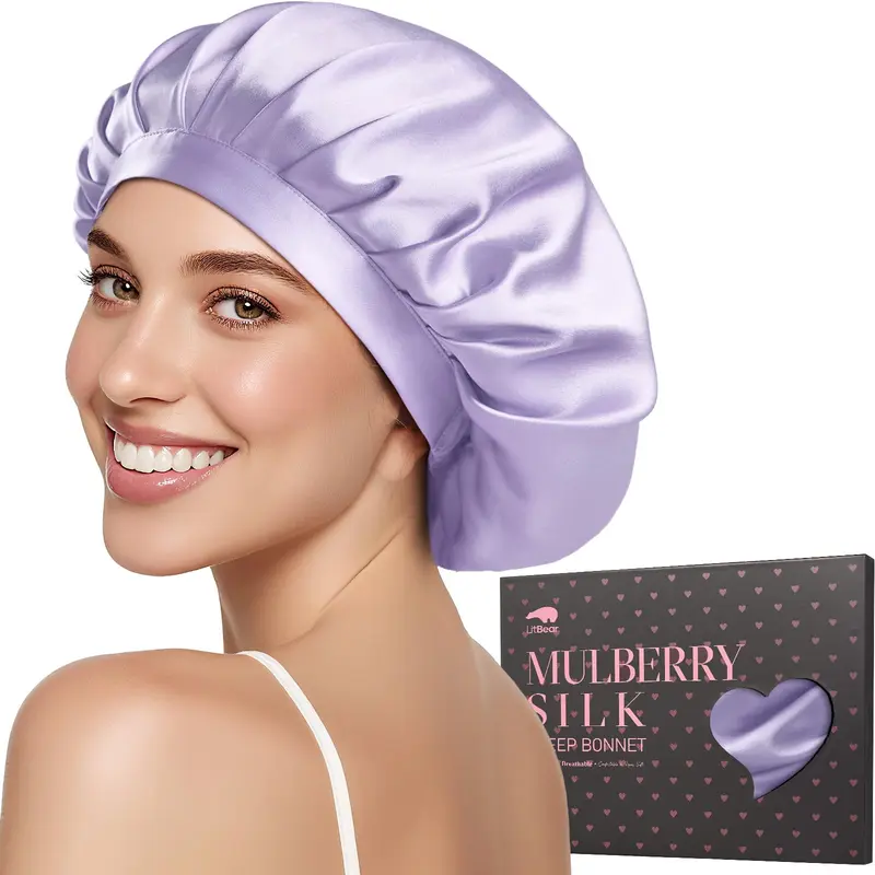 LitBear Bonnet en soie 100% Mulberry – 22 Momme, capuche de nuit anti-friction pour cheveux longs et bouclés – Violet