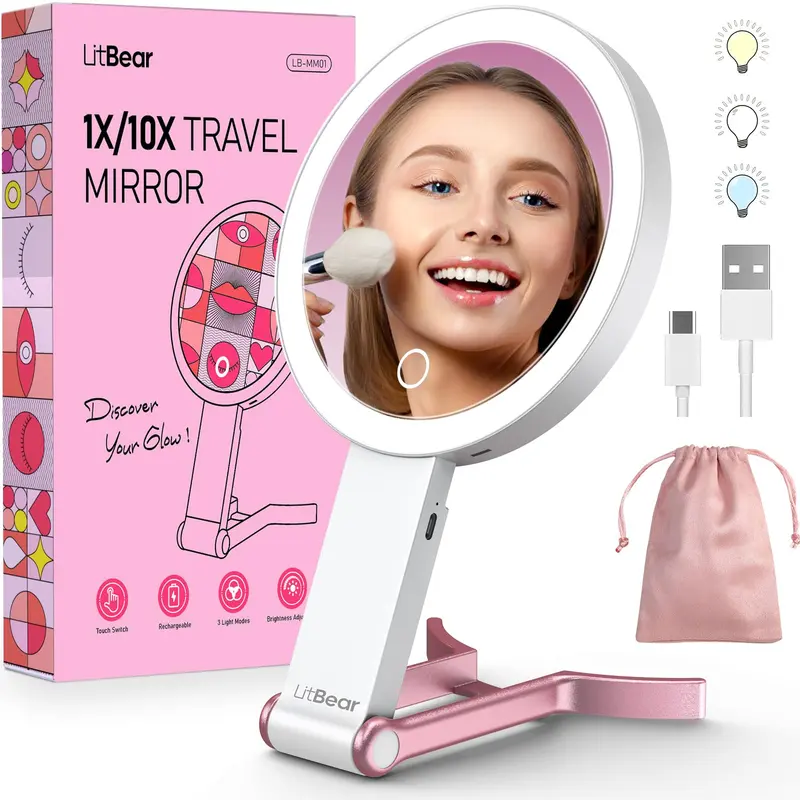 LitBear Miroir Beauté de Voyage avec Lumière - Double Face 10X/1X, Rechargeable