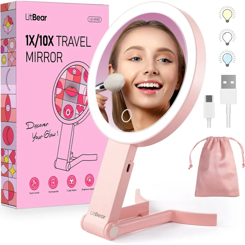 LitBear Miroir de Maquillage de Voyage avec Lumières – Double Face 10x/1x, Rechargeable