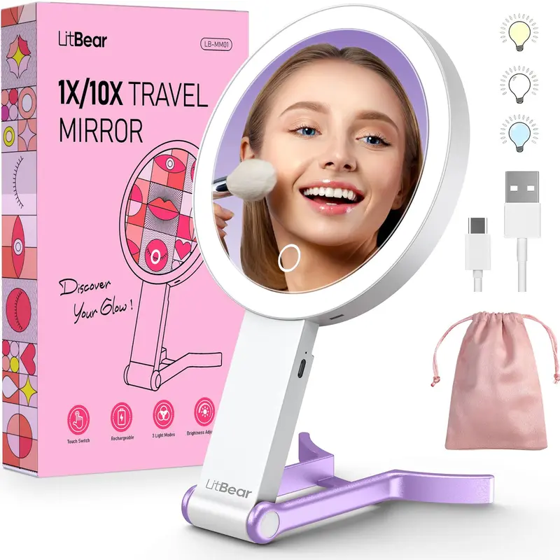 LitBear Miroir de Voyage avec Lumière – Double-face 10X/1X, Rechargeable