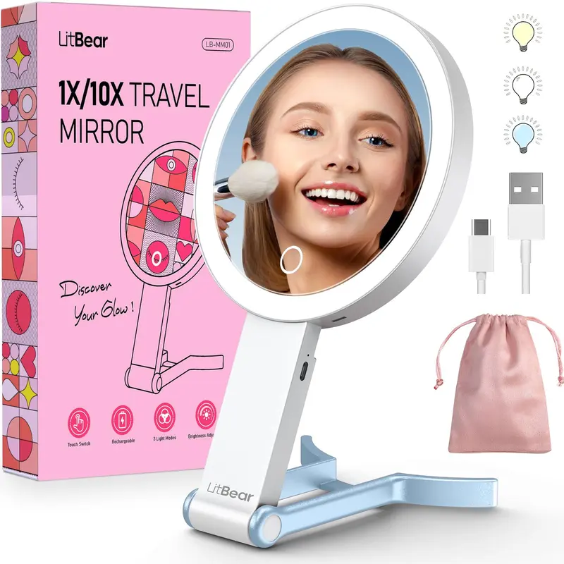 LitBear Miroir de Voyage avec Lumières – Double Face 10x/1x, Rechargeable et Portable