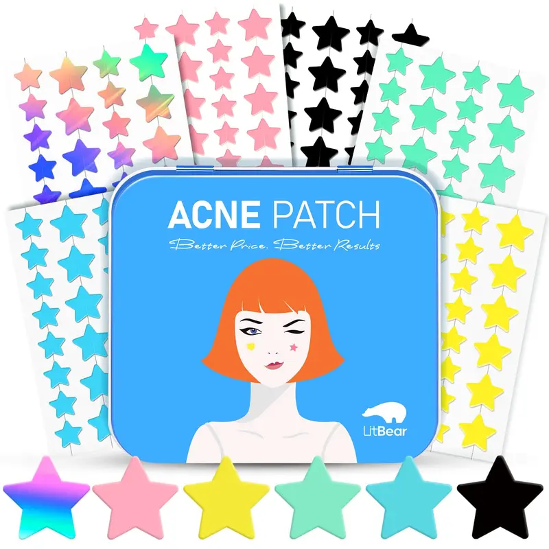 LitBear Pansements contre les boutons – Patch hydrocolloïde Étoile, 6 couleurs, Tea Tree & Centella