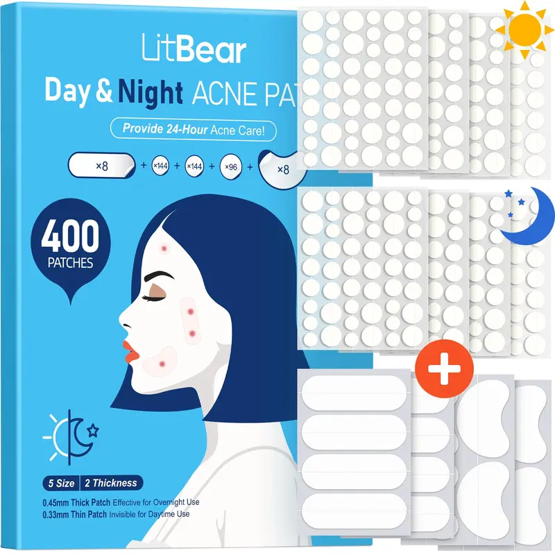 LitBear Patches Anti-Boutons Visage – 400 Unités Jour & Nuit, Hydrocolloïde, 5 Tailles