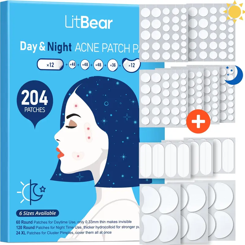 LitBear Patchs anti-acné – 6 Tailles, 204 Points Hydrocolloïdes, Jour et Nuit, Adhérence Renforcée, Hamamélis, Huile d’Arbre à Thé et Calendula