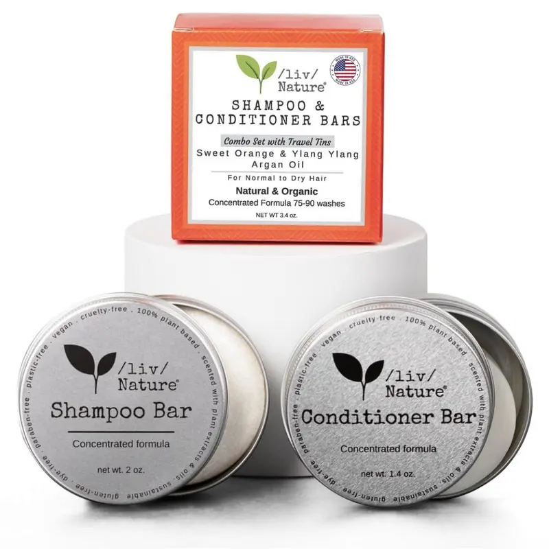 /liv/ Nature - Ensemble Shampoing Solide et Après-Shampoing Solide avec Étui Voyage | Volume et Hydratation pour Cheveux Secs | Orange, Ylang-Ylang, Huile d'Argan | Fabriqué aux États-Unis | Pack de 2