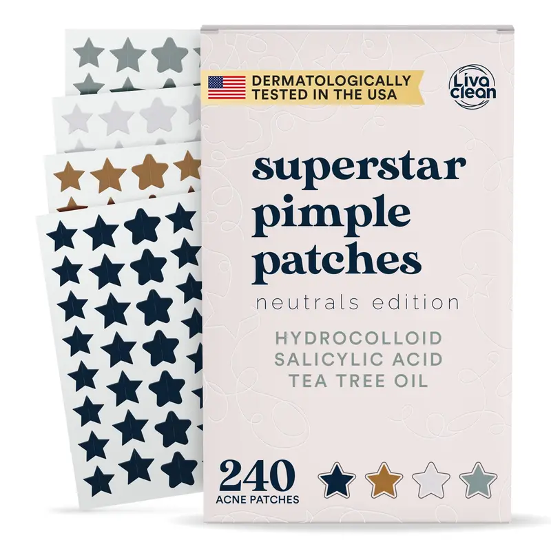 LivaClean 240 Patchs Étoiles Neutres pour Boutons — Hydrocolloïde, Acide Salicylique et Arbre à Thé