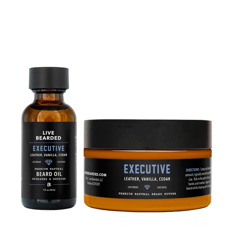 Live Bearded Kit Barbe – Huile et Beurre – Senteur Executive Cuir Vanille – Fabriqué aux États‑Unis