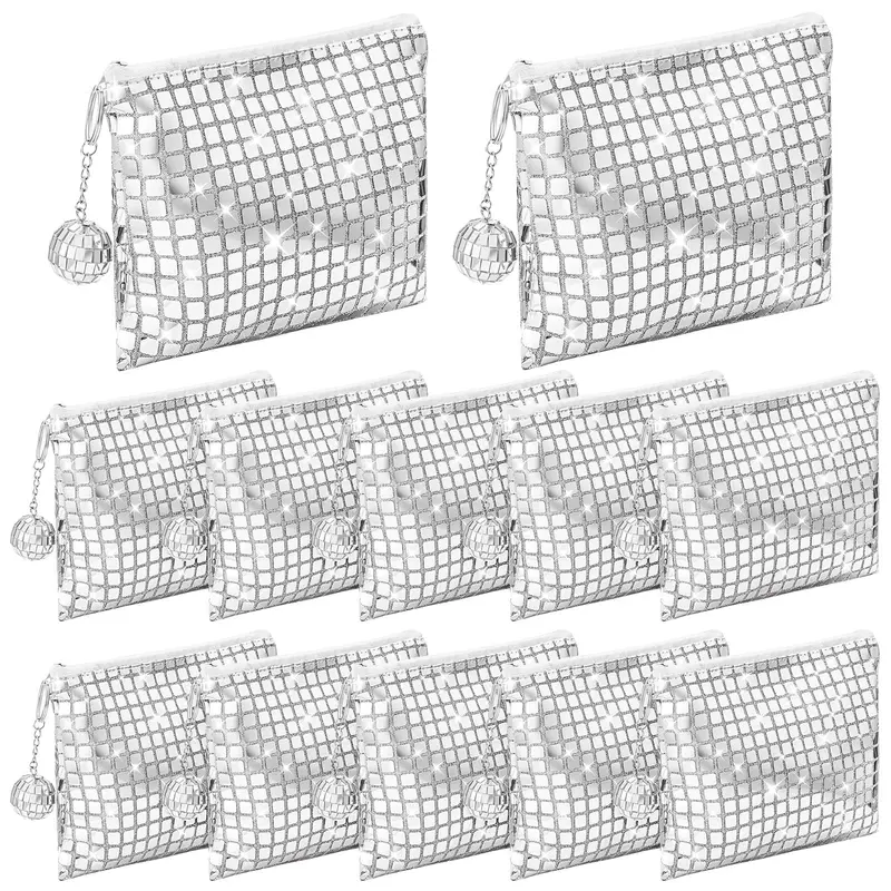 Locmeo – Lot de 12 Sacs à Maquillage Disco Glitter Argentés – Trousse Portable à Fermeture Éclair, Idéal pour Bachelorette et Nouvel An