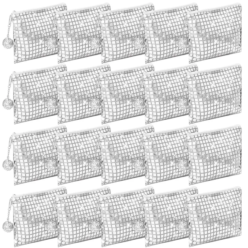 Locmeo – Lot de 20 Sacs à Maquillage Disco Paillettes Argent, Faveurs de Fête Portables avec Zip