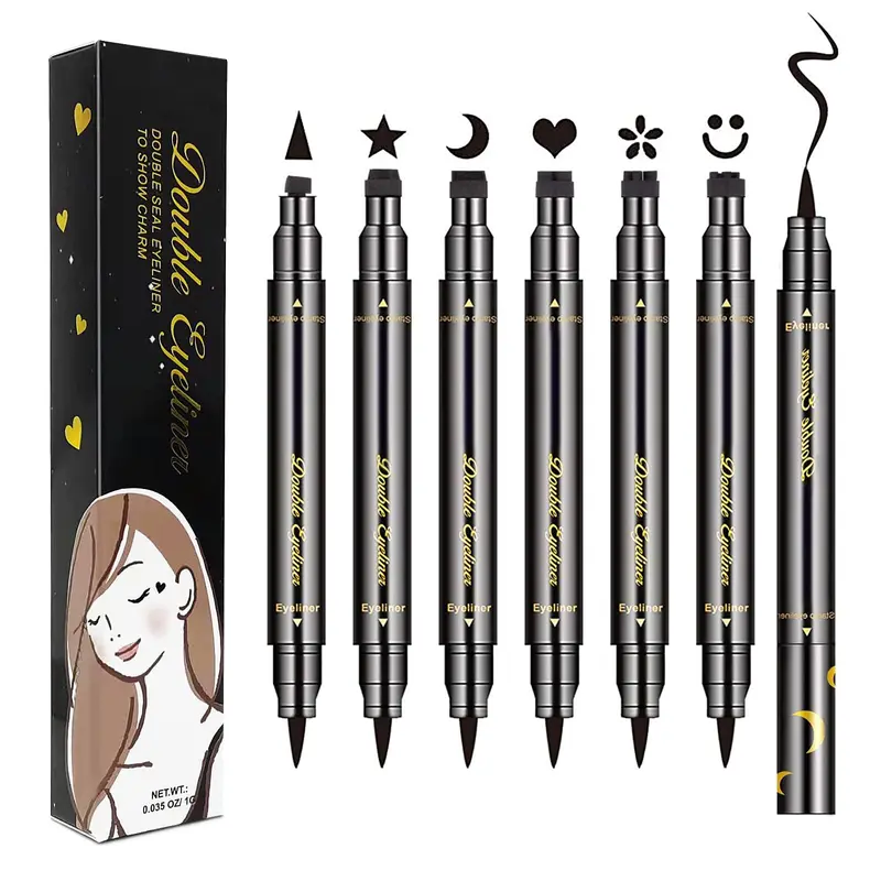 LOKFAR 6 Pièces Stylo Liquide Double-Pointe avec Tampons pour Regard Waterproof – Triangle, Étoile, Lune, Cœur, Fleur, Sourire