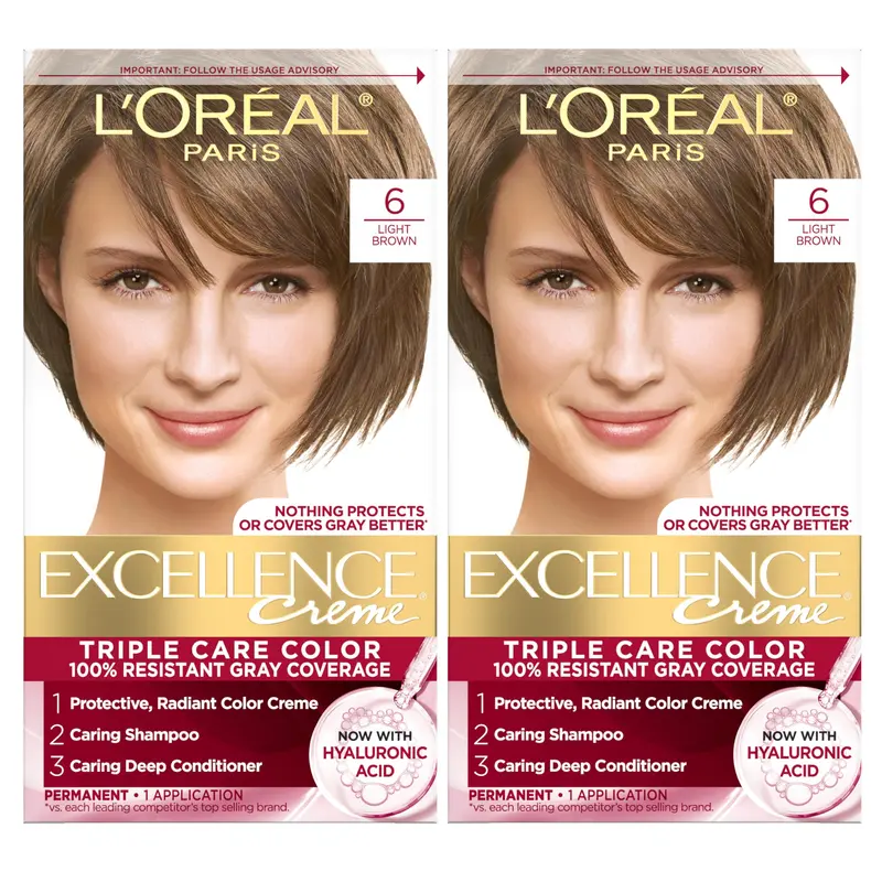 L’Oréal Paris Excellence Crème – Coloration Permanente 6 Châtain clair, Triple Soin Pro‑Kératine, Couverture Gris 100 %, Pack de 2