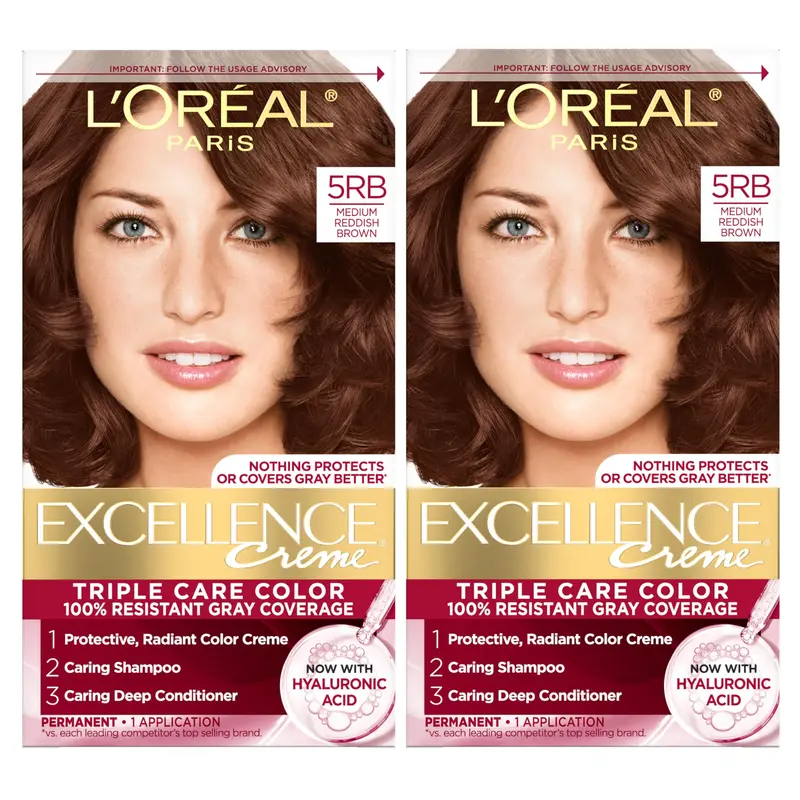 L’Oréal Paris Excellence Crème Permanente – Couleur Triple Soin avec Pro‑Keratine, couverture 100 % des gris, 5RB Marron-Rouge Moyen, 1 kit (pack de 2)