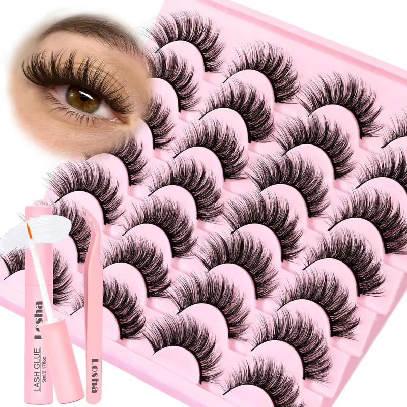 Losha Cils Effilés – Kit Cils Faux pour Regard Félin, 14 Paires, Colle et Pince à Cils