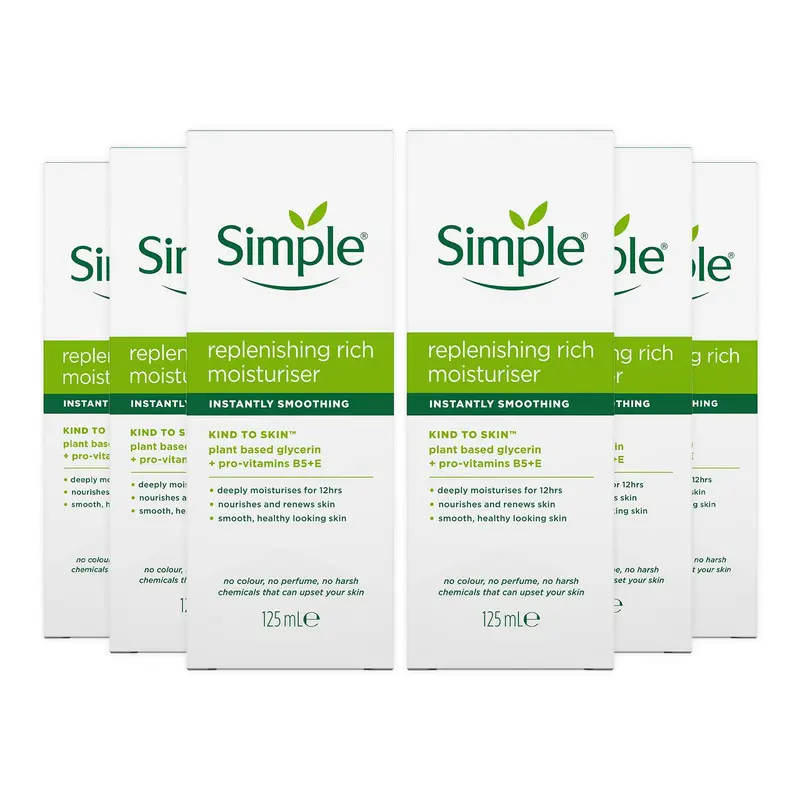 Lot de 6 × Crème Hydratante Riche Simple — Soin Visage 125 ml pour Peau Sensible