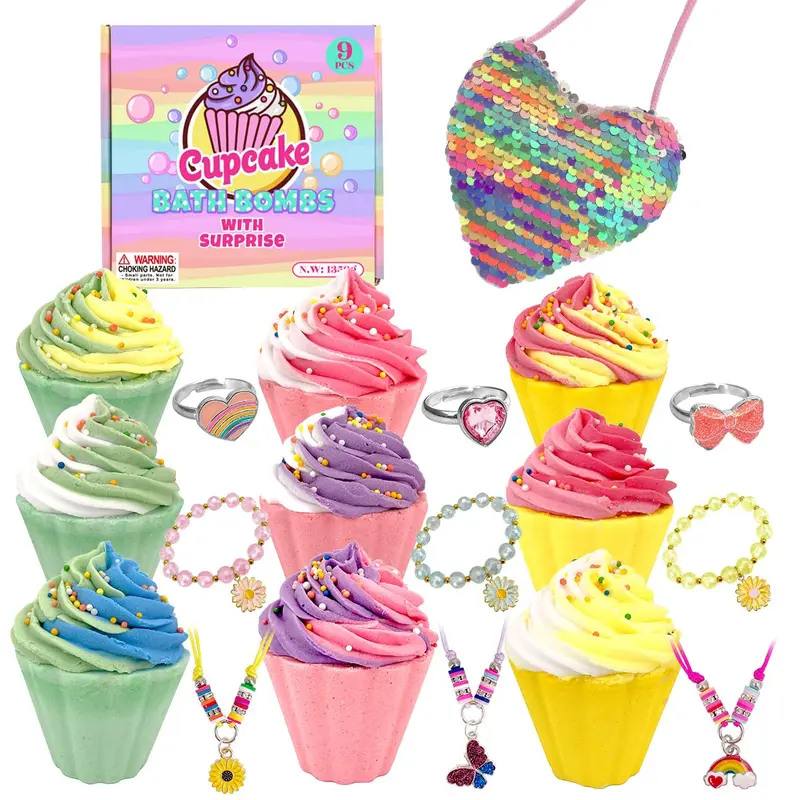 Lot de 9 Bombes de Bain en Forme de Gâteau pour Enfants avec Surprise et Bijoux Intérieurs – Sels de Bain pour Filles Princesses – Boules de Bain Géantes
