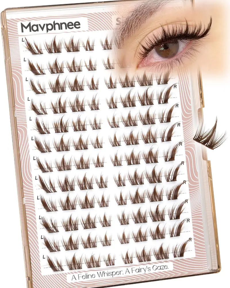 Lot de Cils Groupés Bruns Mavphnee – Regard Œil-de-Chat, Extensions Cils Bruns, Look Féérique et Fluffy, 96 Pièces