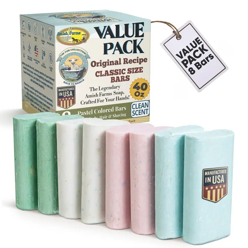 Lot de savons Amish Farms – 8 barres hydratantes faciles à saisir (5 oz chacune) | Soin doux pour peau sensible | Fabriqué aux États-Unis | Collection Boîte Métallique