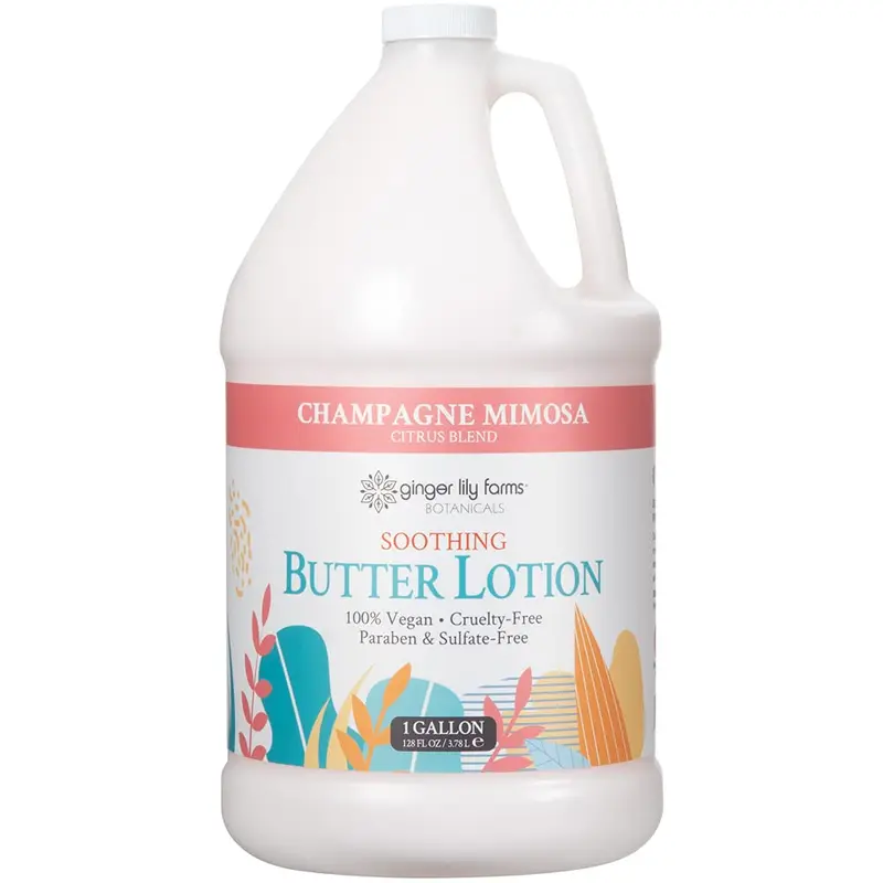 Lotion Beurre Apaisante Botanicals Champagne Mimosa – Ginger Lily Farms, végane et sans cruauté, recharge 1 galon