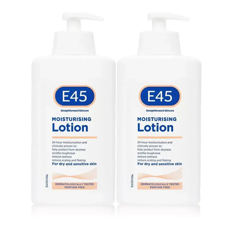 Lotion hydratante dermatologique E45 – Pack 2, sans parfum, adaptée à toute la famille