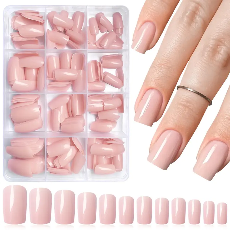 LoveOurHome 240 pièces Ongles Nude à Colle – Carré Medium, avec Adhésifs et Trousse