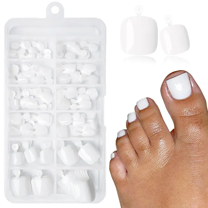 LoveOurHome | Kit Ongles Press On Blanc pour Orteils – 120 pièces avec adhésifs, lime et bâtonnet