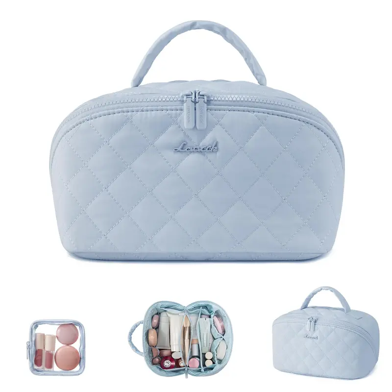 LOVEVOOK Trousse de Maquillage de Voyage – Lot 2 Pochettes Puffer Étanches, Ouverture 180°, Bleu (Moyen)