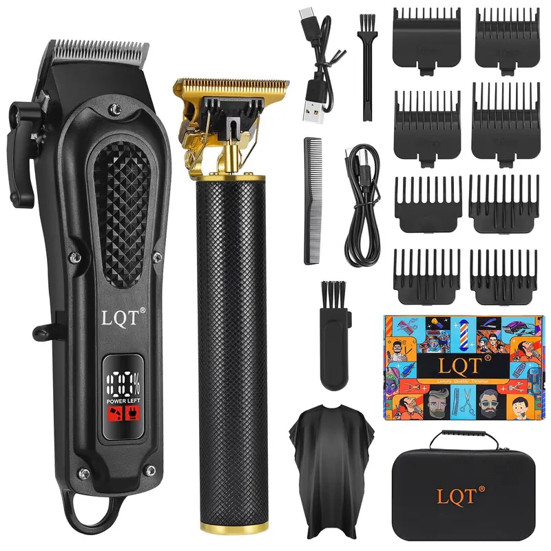 LQT® Tondeuse Pro pour Hommes – Kit Sans Fil et Filaire, Tondeuse Barbe Rechargeable à Lame Réglable, Noir