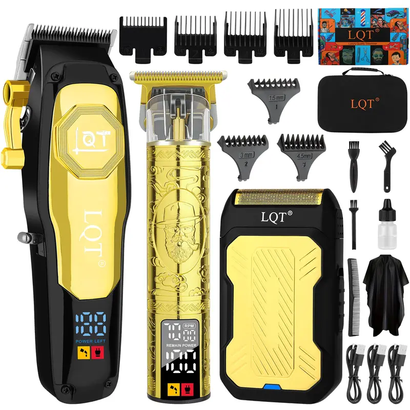 LQT – Tondeuses Sans Fil Professionnelles pour Hommes | Kit Barbe et Coupe avec Lame en T, Levier et Écran LED, Or