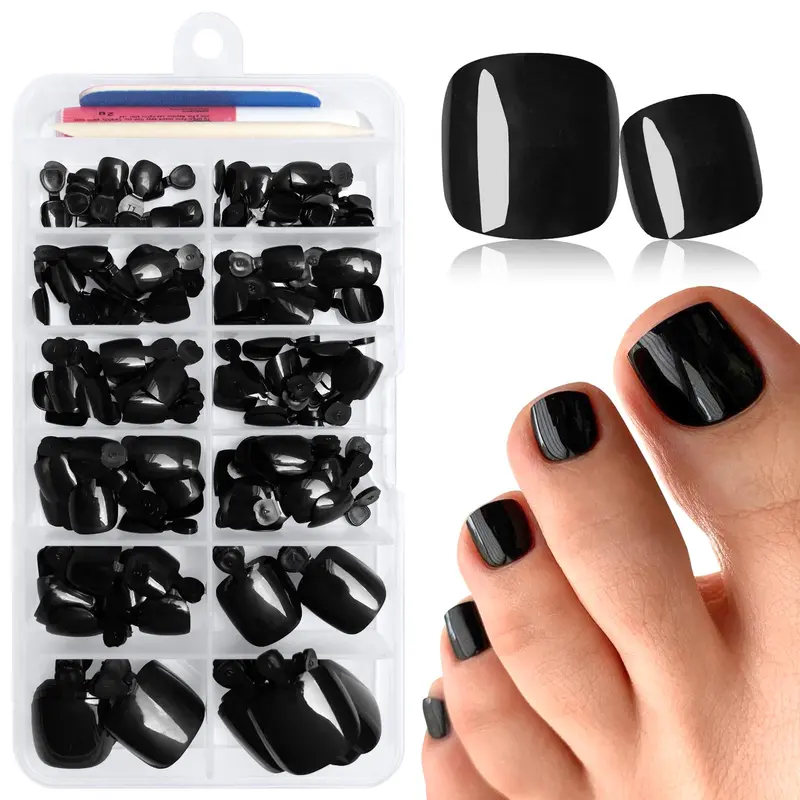 LuckForever – Kit 168 faux ongles d’orteils noirs, adhésifs et colle, forme carrée courte