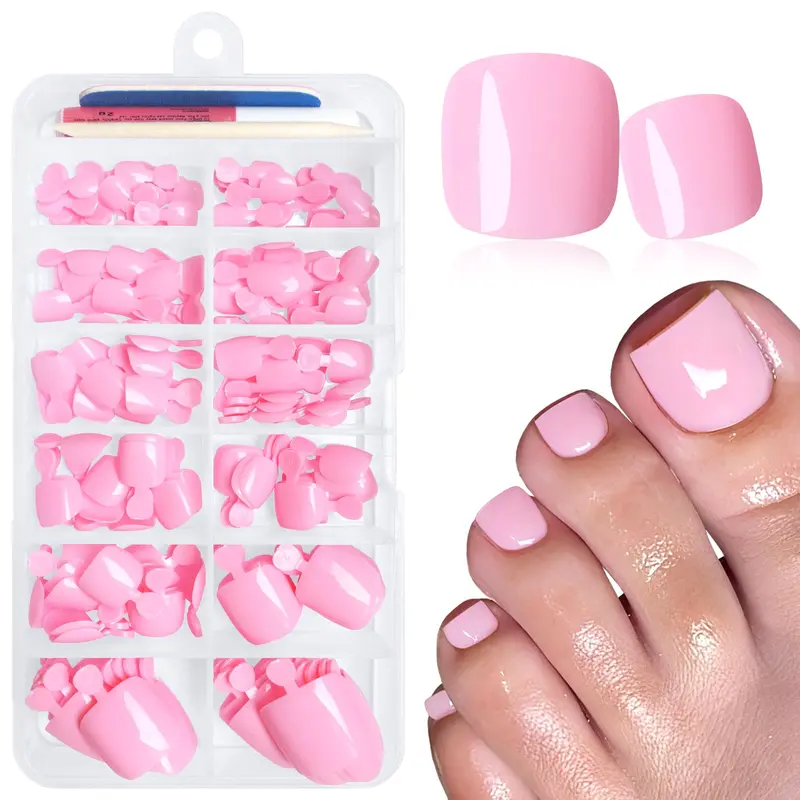 LuckForever Kit Ongles à Coller pour Pieds – 168 Pièces Roses, Adhésifs et Outils