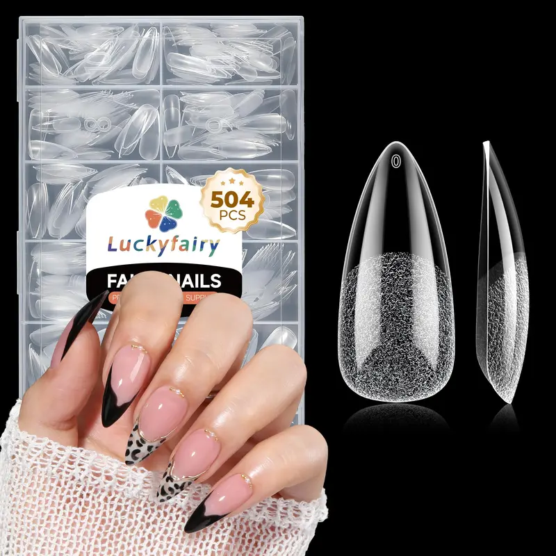 Luckyfairy Ongles Gel Amande Longs – 504 Pièces, 12 Tailles Pré-Ébauchées, Sans Courbe C, Press-On pour Extensions à Domicile