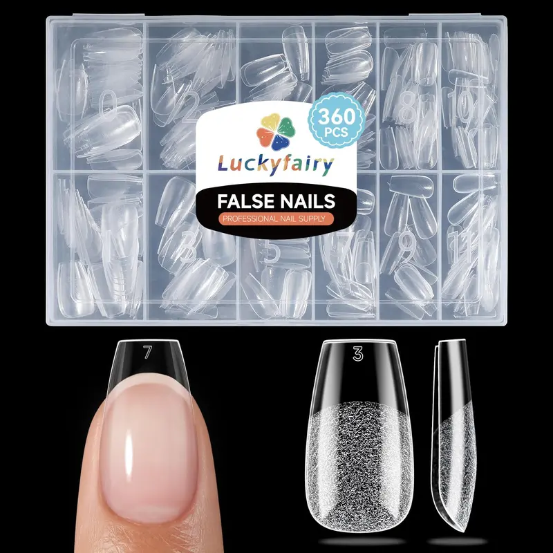 Luckyfairy Short Coffin Nails Tips – Tips Coffin Court Semi-Mat Pré-Formés, 360 Pièces, Recouvrement Transparent – DIY à Domicile