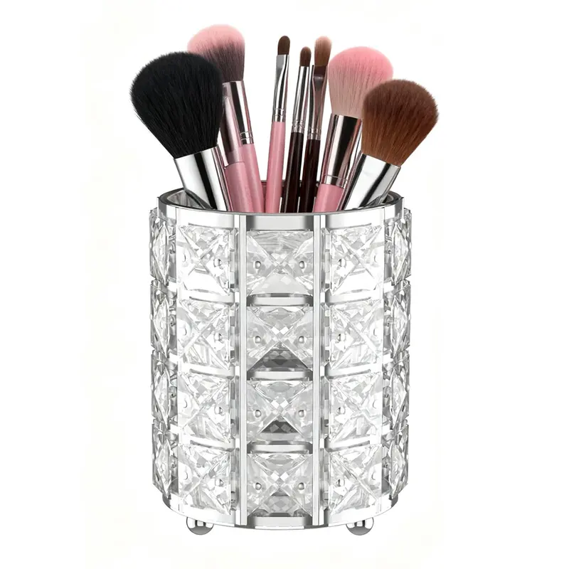 LUGUNU Porte-Pinceaux avec Cristal Argenté – Organiseur Élégant pour Coiffeuse ou Bureau (1 Pack)