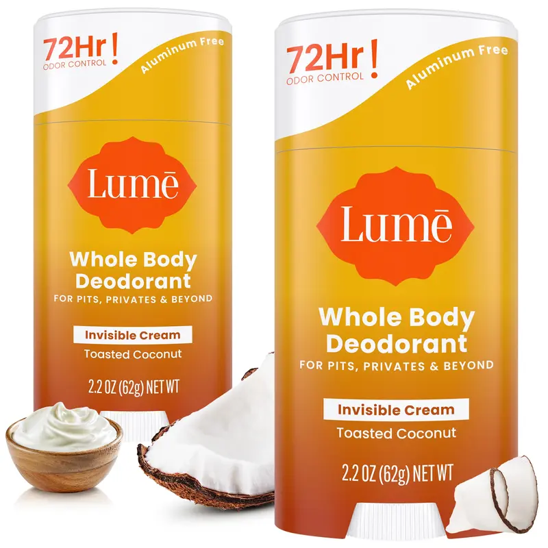 Lume Déodorant Corps Invisible – Crème Stick Sans Aluminium, 72h, Noix de Coco Toastée – Pack de 2