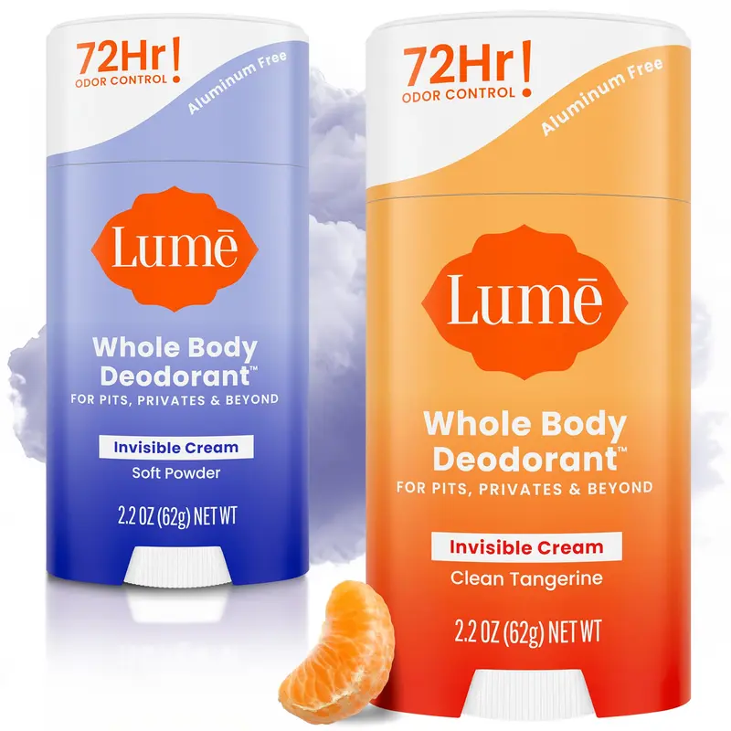Lume Déodorant Corps Invisible - Crème Stick - Sans Aluminium ni Bicarbonate - 2 x 2,2 onces - Poudre Douce & Mandarine Fraîche